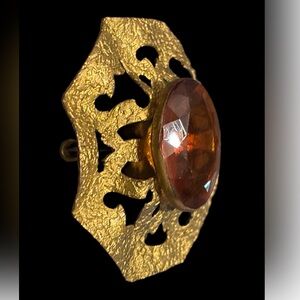 Antiqued Vintage Artisan Brooch- Garnet Amber Colour Glass Stone